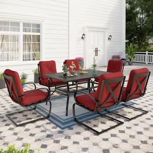 7-Piece Metal Patio Outdoor Dining Set with Slat Rectangle Table and C-Spring Chairs with Red Cushions