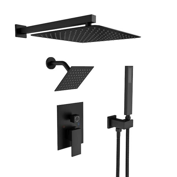 3-Spray Square 12 and 6 in. Dual 3 in 1 Wall Mount Fixed and Handheld Shower Head 1.8 GPM in Matte Black Valve Included