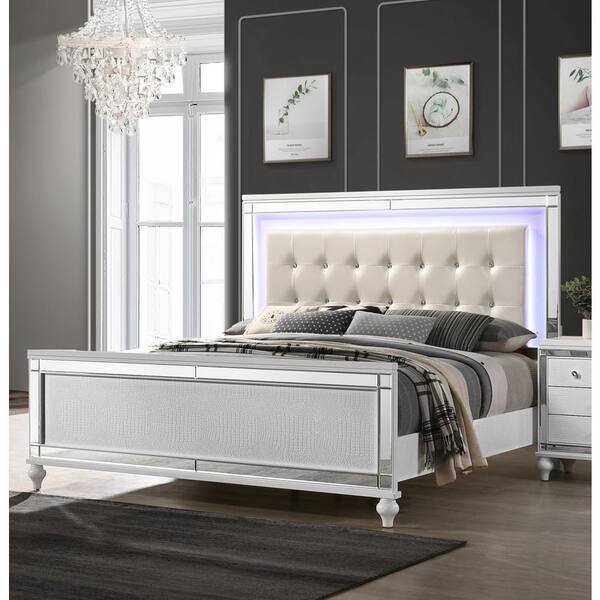 Valentino White Solid Wood Frame Queen Panel Bed with Lighted Headboard
