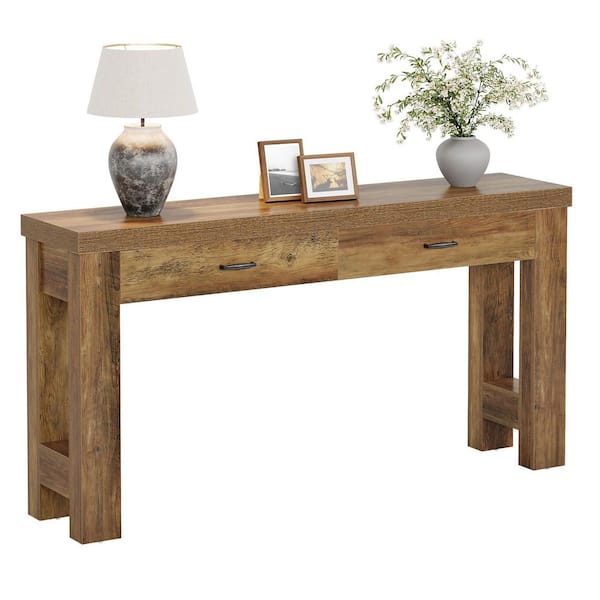 BYBLIGHT Turrella 63 in. Rustic Brown Rectangle Wood Console Table with 2 Drawers, Entryway Table with Sturdy Legs for Hallway