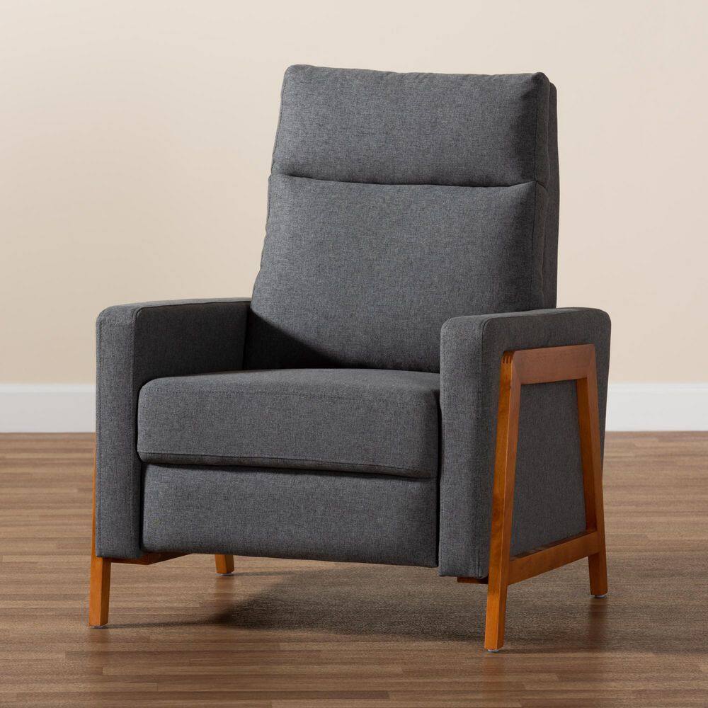 Gray Leather and Wood Mid-Century Modern Recliner