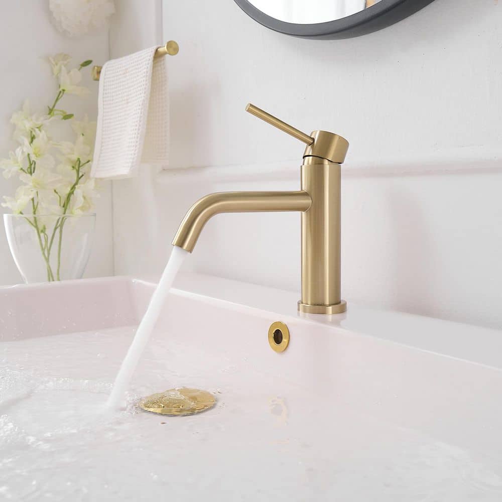 Brushed Gold Single Handle Low-Arc Bathroom Faucet with Drain