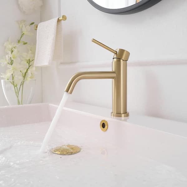 Single Handle Single Hole Low-Arc Bathroom Faucet with Drain Assembly Drip-Free Vanity Sink Faucet in Brushed Gold