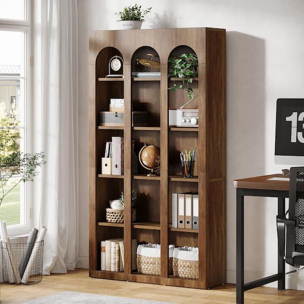 Jannelly 71 in. Tall Rustic Brown Engineered Wood 5-Shelf Bookcase, Farmhouse Vintage Arched Bookshelf for Home Office