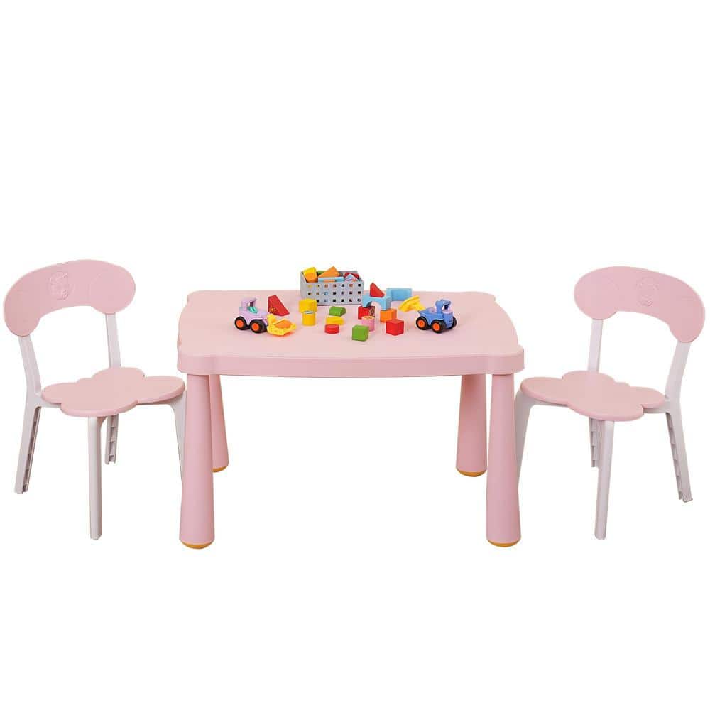 3-Piece Pink Plastic Outdoor Side Toddler Table and Chair Set for Reading, 