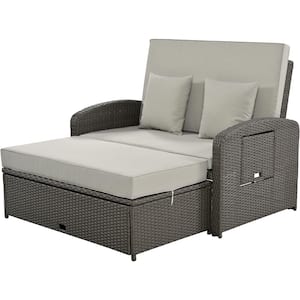 PE Wicker Rattan Outdoor Double Chaise Lounge, 2-Person Reclining Daybed with Gray Adjustable Back and Cushions