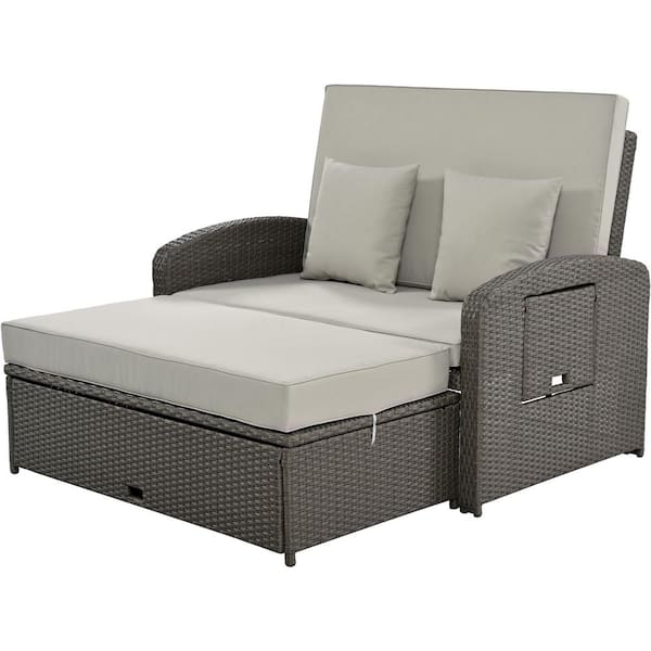 Sudzendf PE Wicker Rattan Outdoor Double Chaise Lounge, 2-Person Reclining Daybed with Gray Adjustable Back and Cushions