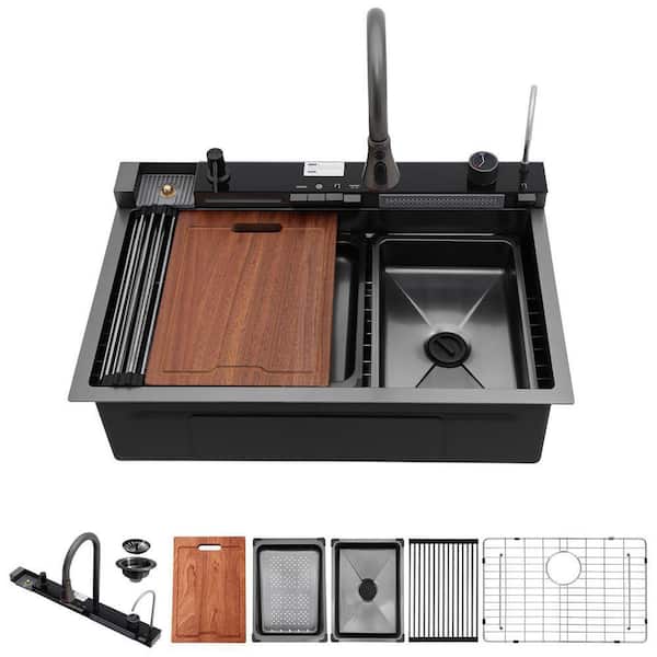 30 in. Top Mount/Drop-In Single Bowl 16-Gauge Gunmetal Black Stainless Steel Workstation Waterfall Kitchen Sink w/Faucet