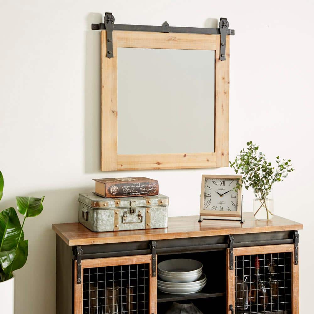 Rustic Industrial Pine Wood Square Wall Mirror, 31" x 31"