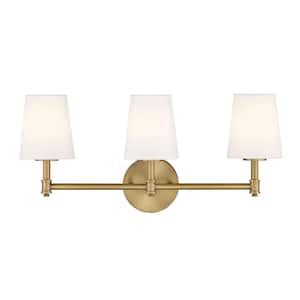 24 in. W x 9.5 in. H 3-Light Natural Brass Bathroom Vanity Light with White Linen Fabric Shades