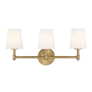 24 in. W x 9.5 in. H 3-Light Natural Brass Bathroom Vanity Light with White Linen Fabric Shades