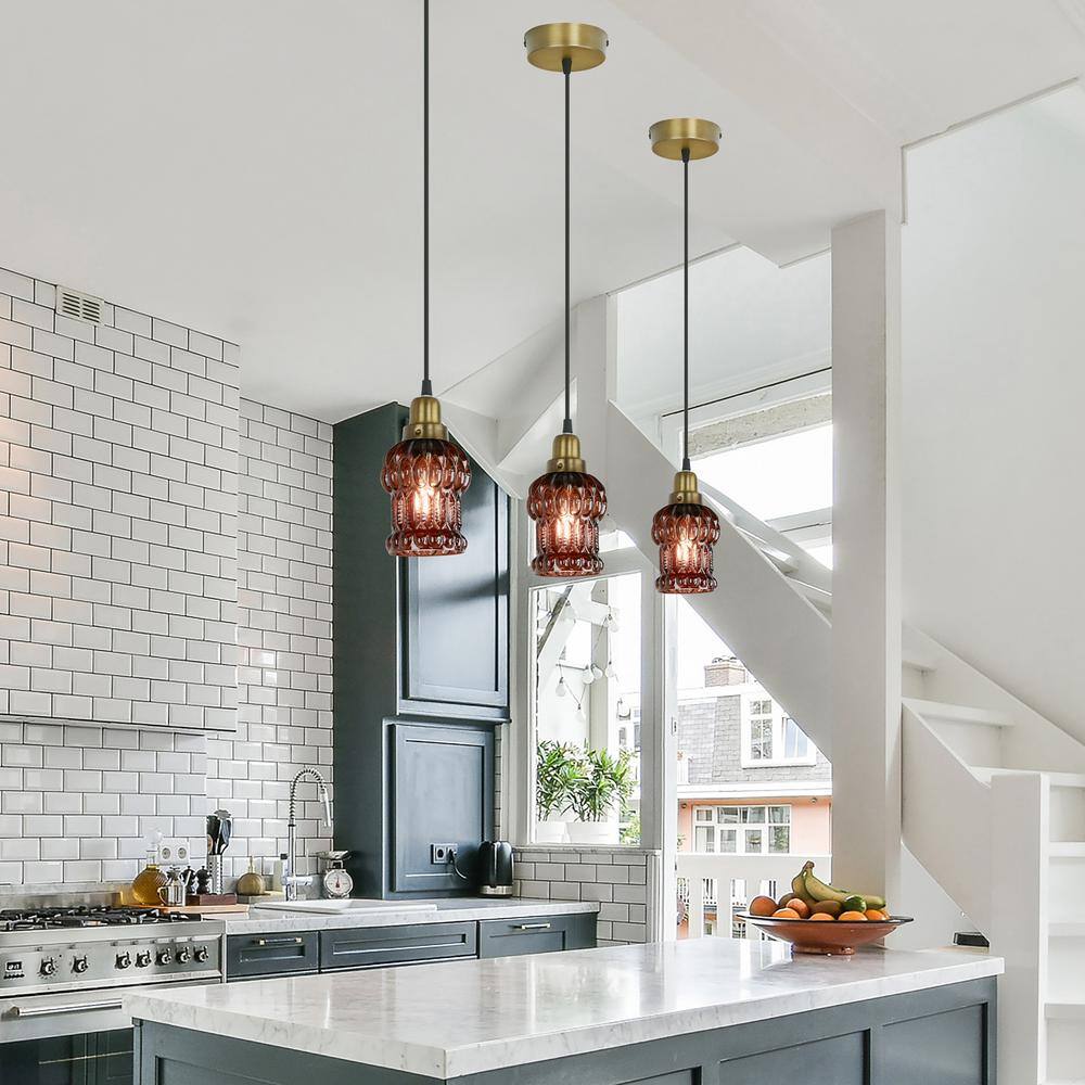 Brown Textured Glass and Gold Metal Pendant Light