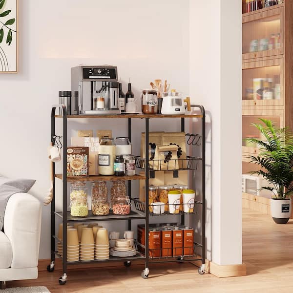 4-Shelf  Brown Pantry Organizer with Pull-Out Baskets & Wheels, Rolling Storage Cart for Living Room Office, Balcony