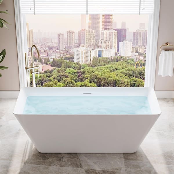 66 in. x 30 in. Acrylic Rectangular Flat Bottom Freestand Soaking Bathtub with Center Drain in Glossy White