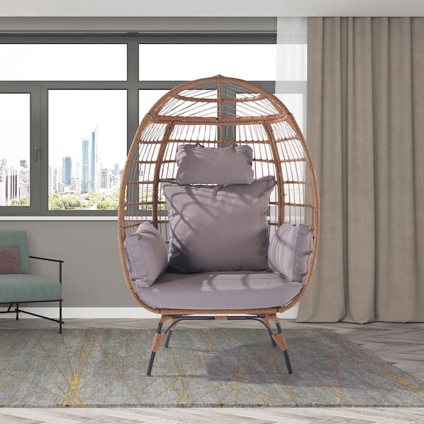 AUTMOON Patio Wicker Indoor/Outdoor Egg Lounge Chair with Light Gray Cushions