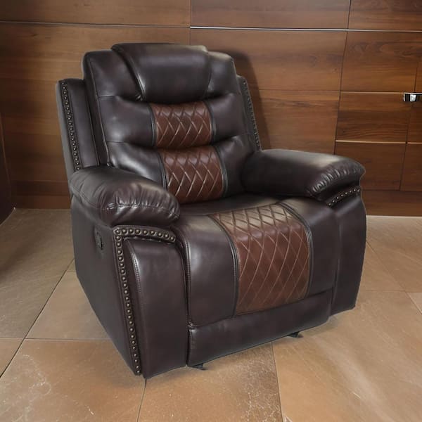 Benjara Brown Faux Leather Manual Recliner with Wood and Pocket Coils