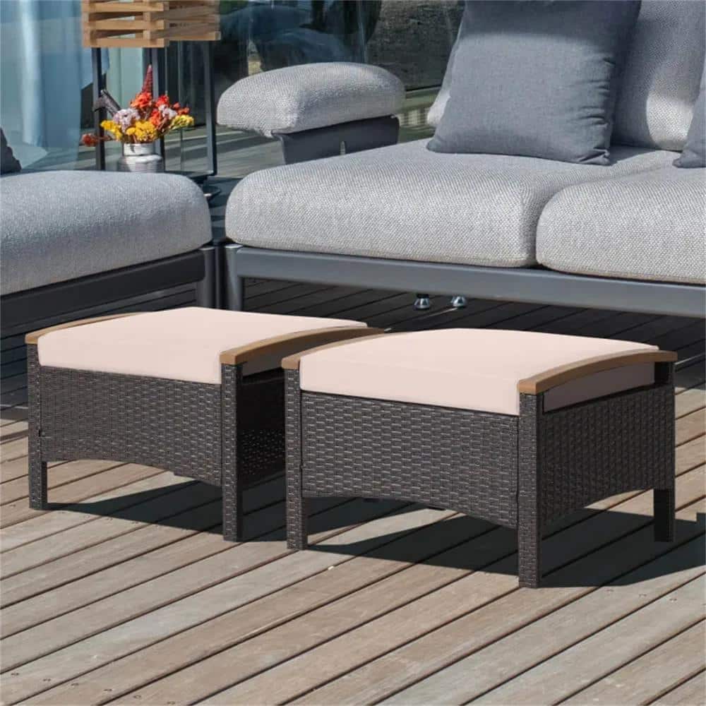 Brown Wicker Outdoor Storage Stool without Sunshade with Brown Cushion (1 P