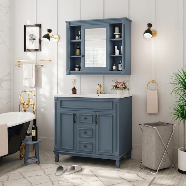 36 in. W x 18 in. D x 34 in. H Single Sink Bath Vanity in Blue with White Resin Top and Medicine Cabinet with Mirror