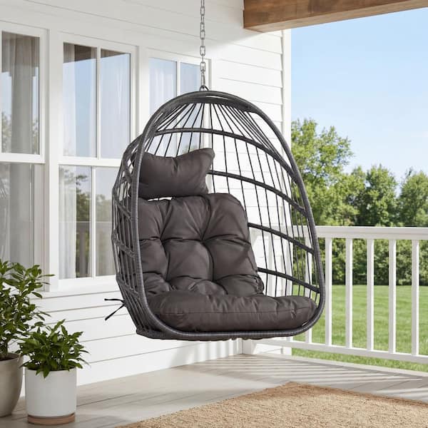 1-Person Outdoor Wicker Hanging Egg Chair Without Stand Patio Porch Swing With Dark Gray Cushion