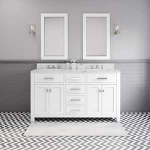 Madison 60in.Wx21.5in.Dx34in.H Double Sink Bath Vanity in Pure White with Carrara White Marble Top, Faucets and Mirrors