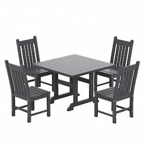 Hayes 5-Piece HDPE Plastic All Weather Outdoor Patio Square Trestle Table Dining Set with Side Chairs in Gray