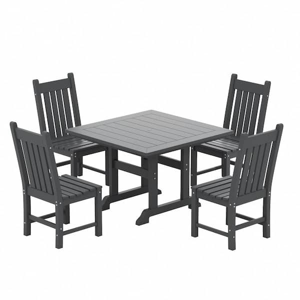 WESTIN OUTDOOR Hayes 5-Piece HDPE Plastic All Weather Outdoor Patio Square Trestle Table Dining Set with Side Chairs in Gray