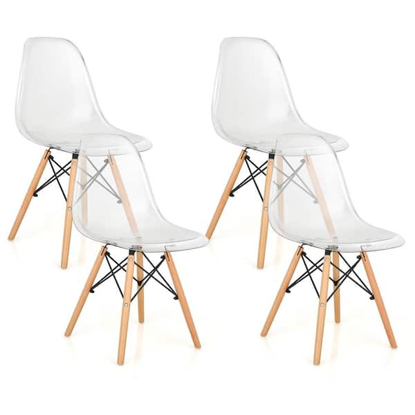 Costway White Dining Chairs Modern Plastic Shell Side Chair with Clear Seat and Wood Legs (Set of 4)