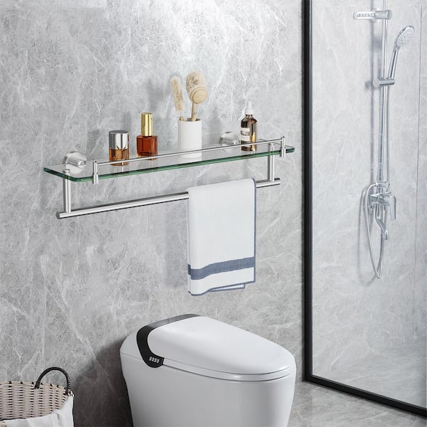 20 in. Wall Mounted Tempered Glass Bathroom Shelf with Towel Bar in Brushed Nickel, Stainless Steel Tower Holder