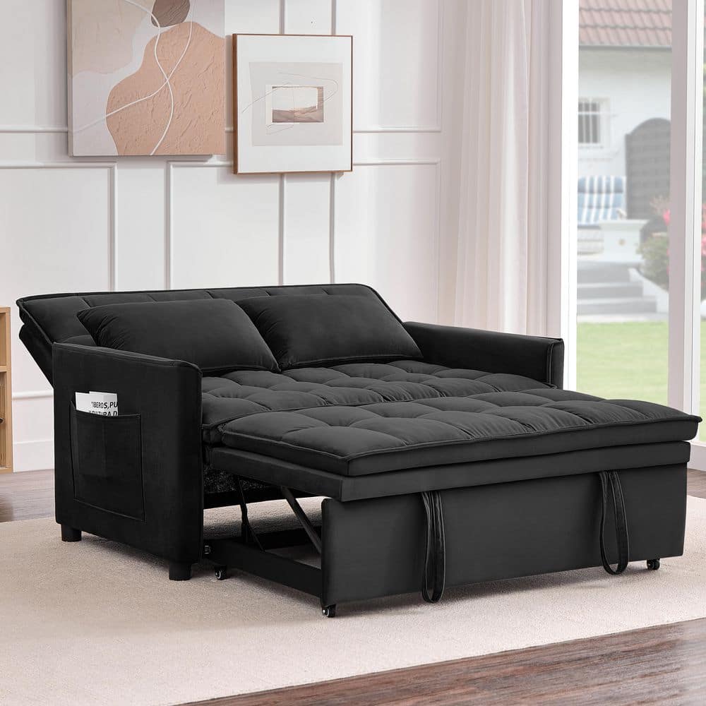 50.3 in. Black Velvet Upholstered Full Size Convertible Sleeper Sofa Bed with Adjustable Backrest and Side Pocket