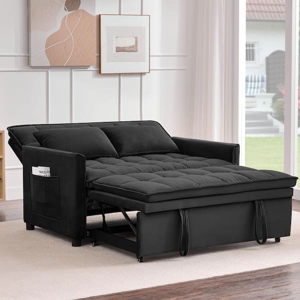 50.3 in. Black Velvet Upholstered Full Size Convertible Sleeper Sofa Bed with Adjustable Backrest and Side Pocket