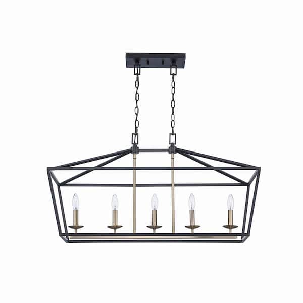 Home Decorators Collection Weyburn 36 in. 5-Light Black and Gold Farmhouse Linear Chandelier Light Fixture with Caged Metal Shade