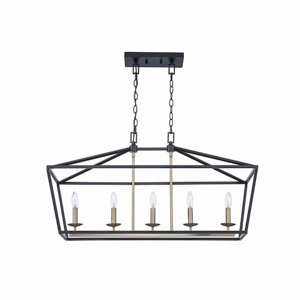 Weyburn 36 in. 5-Light Black and Gold Farmhouse Linear Chandelier Light Fixture with Caged Metal Shade