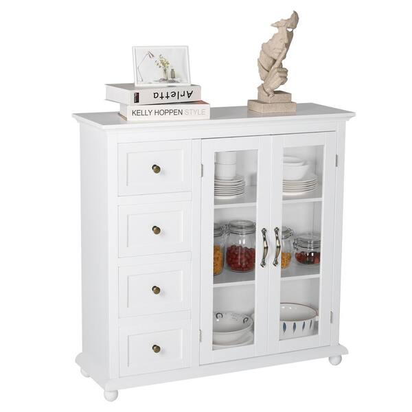 Veikous White Kitchen Cabinet Storage Sideboard With Glass Door And Drawers Hp0404 03wh White Kitchen Cabinet Storage Sideboard, Kitchen Counter Storage Drawers