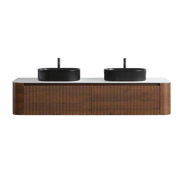 72-Inch Wall-Mounted Bathroom Vanity with Sink, Walnut Cabinet, Double Black Ceramic Basin, Towel Rack Included