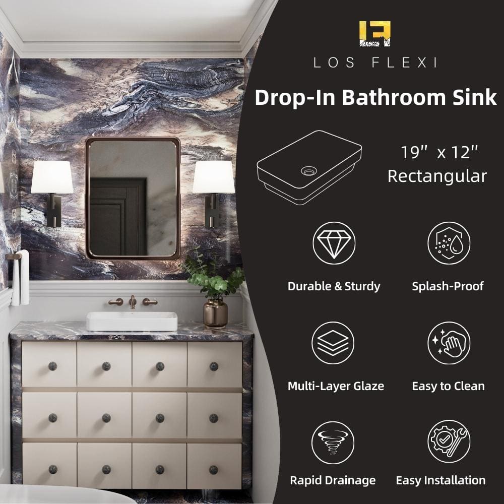 Glossy White Ceramic Rectangular Drop-In Bathroom Sink