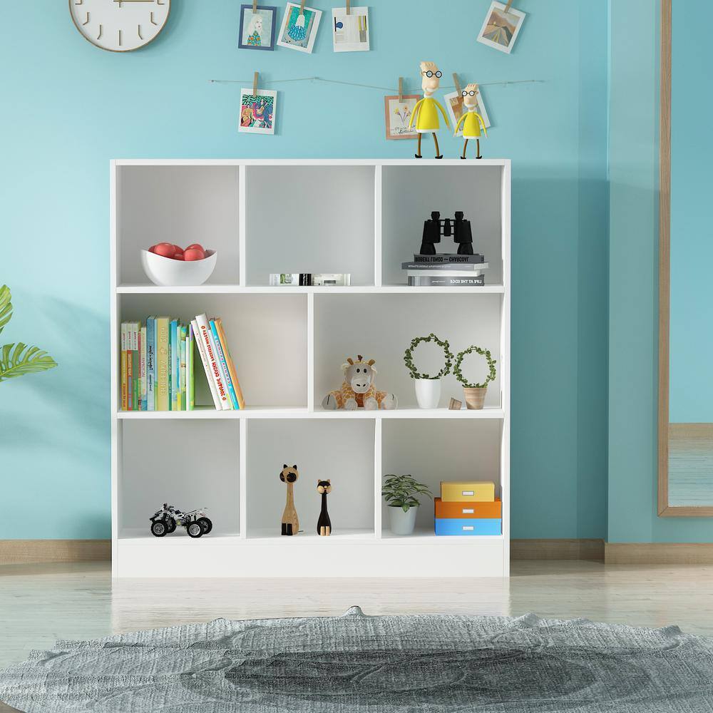 White bookshelf displayed in a bright room setting.
