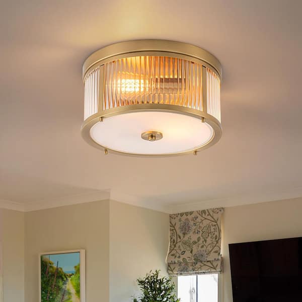 13 in. 2-Light Drum Brushed Gold Modern Ribbed Glass Flush Mount Ceiling Light for Bedroom Foyer Kitchen