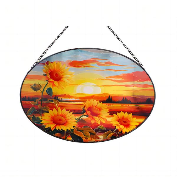 Angel Sar 9.8 in. Sunset Sunflower Stained Glass Window Panel for Flower Lovers, Birthday Christmas Thanksgiving Sunflower Gift