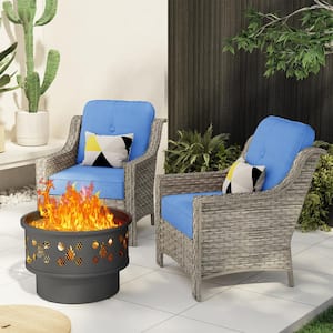 Iris 3-Piece Wicker Outdoor Patio Conversation Sofa Seating Set with a Wood-Burning Fire Pit and Bule Cushions