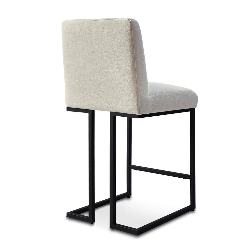 Beige Upholstered Counter Stools with Black Metal Sled Legs, Set of 2