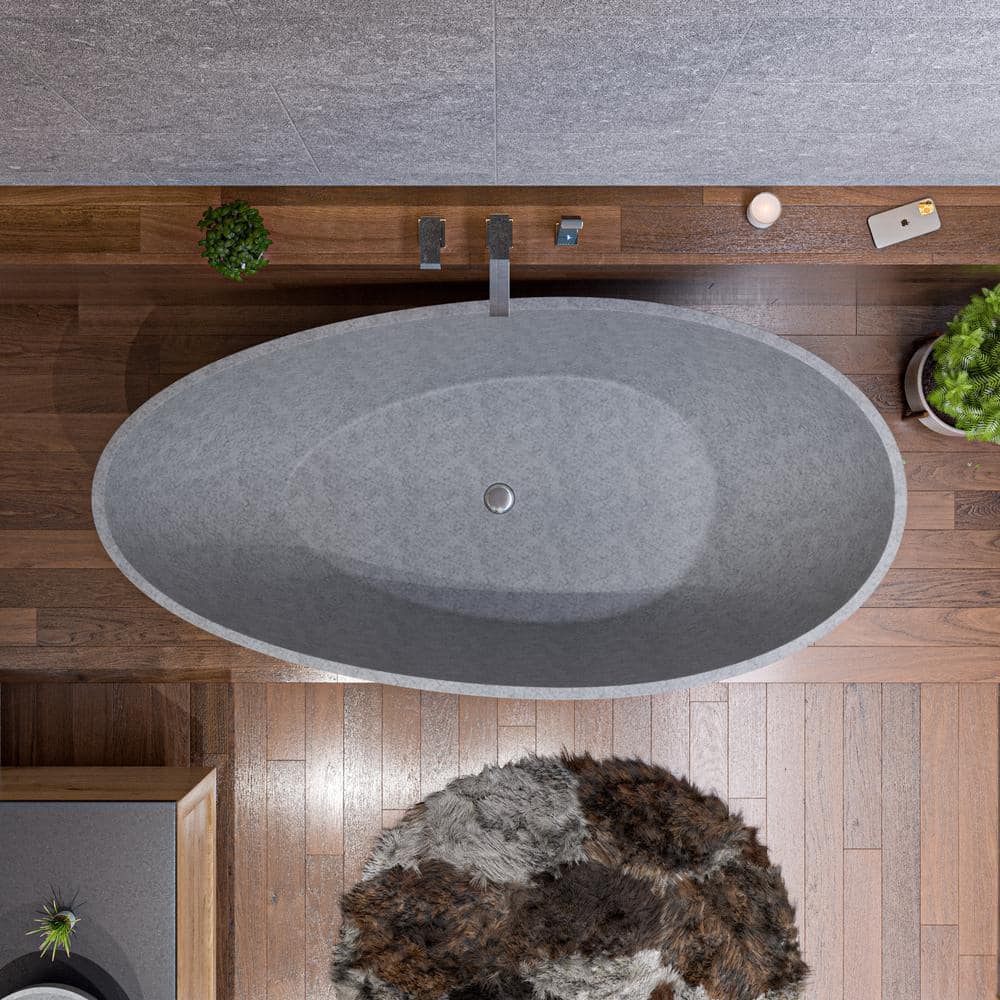 72'' Gray Matte Freestanding Oval Concrete Soaking Bathtub