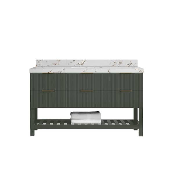Willow Collections Catalina 60 in. Single Sink Freestanding Pewter Green Bath Vanity with Viola Brown Qt. Top Unassembled