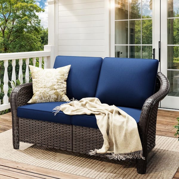 Deep Brown Wicker Outdoor Loveseat Deep Seating with Bule Cushion