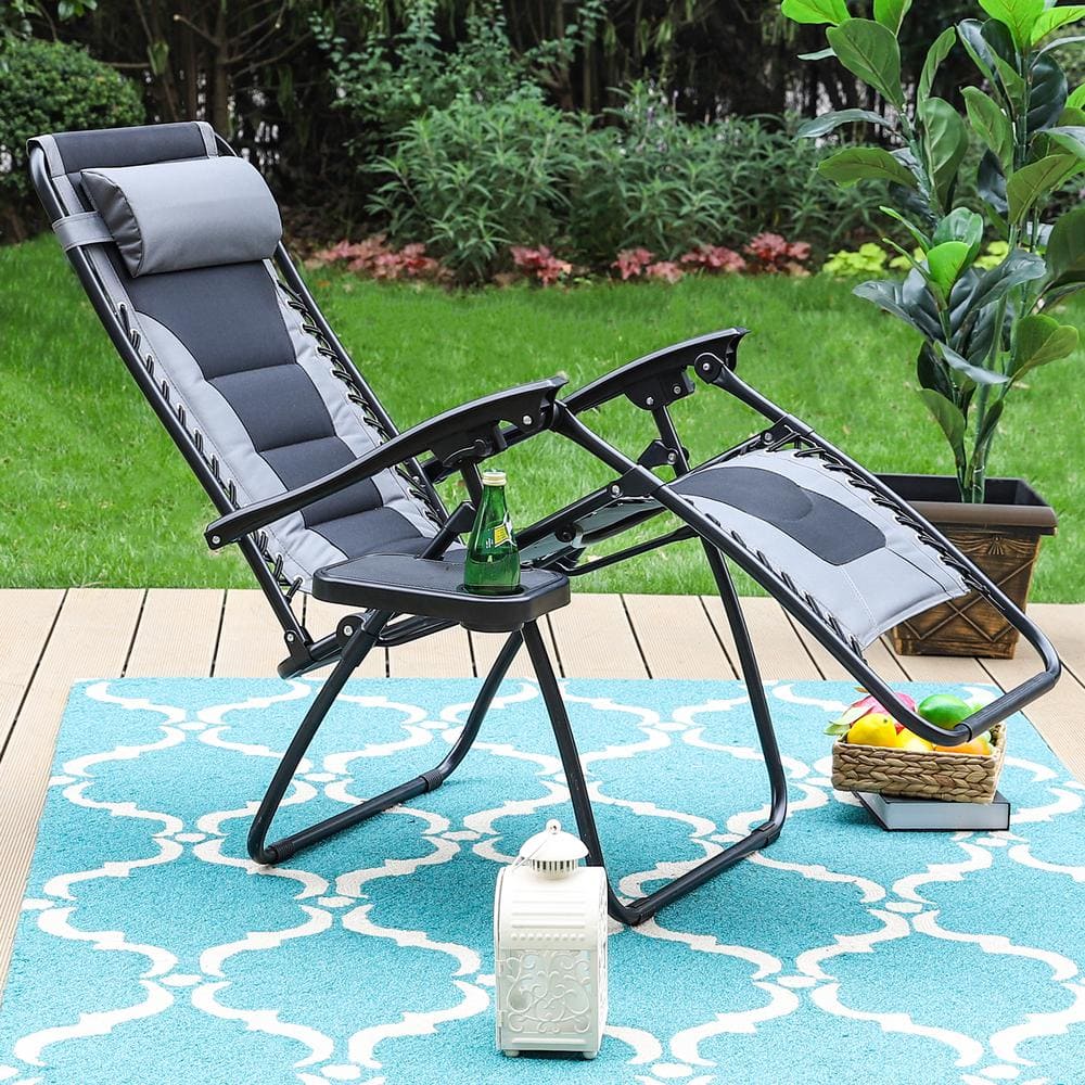Gray Padded Zero Gravity Lounger with Adjustable Headrest and Cup Holder