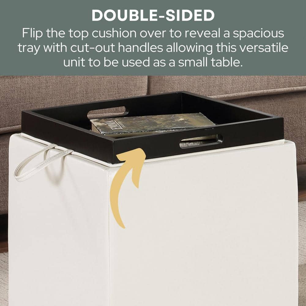 Park Avenue White 18" Square Storage Ottoman with Reversible Tray