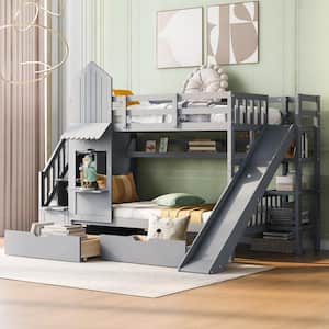 Gray Twin over Twin Castle Style Wood Bunk Bed with Storage Staircases, 2 Drawers, Shelves and Slide