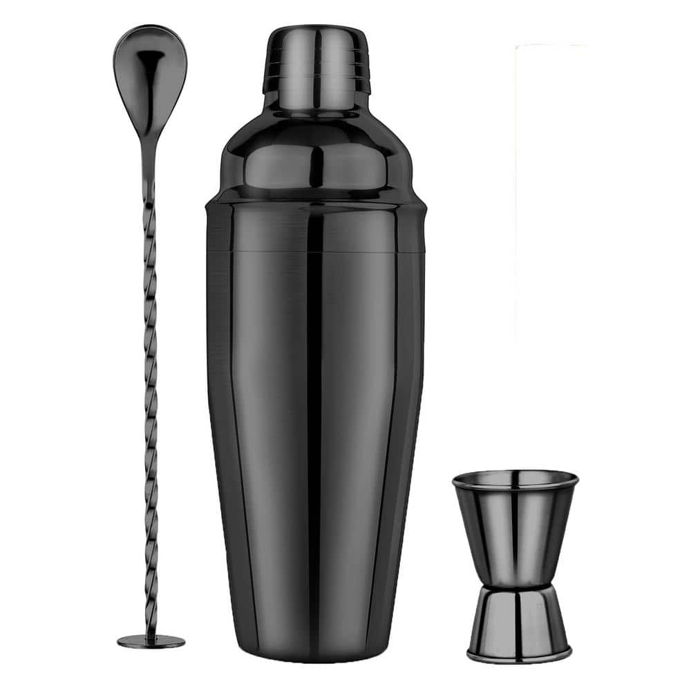 3 in 1 25 oz. Black Stainless Steel 1-Piece Cocktail Shaker with Measuring 