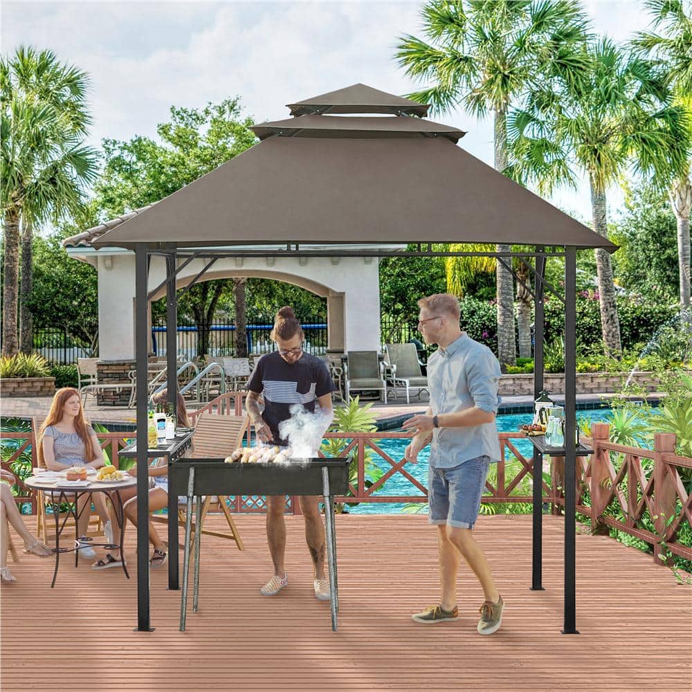 Brown Steel Pop-Up Patio Grill Gazebo with Adjustable Shelves