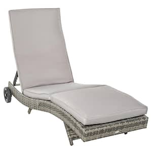 Gray Wicker Outdoor Chaise Lounge with Light Gray Cushion, 5-Level Adjustable Backrest, Wheels, Headrest