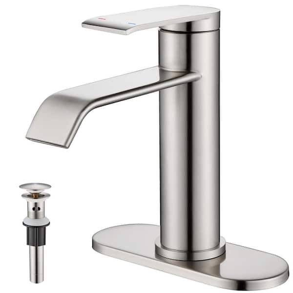 Single Hole Waterfall Spout Deck Mount Bathroom Sink Faucet with Pop Up Drain and Deck Plate in Brushed Nickel